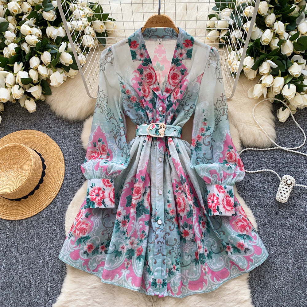 spring new arrival: royal court style retro stand collar dress - european & american socialite design, cinched waist, single-breasted button, printed maxi dress