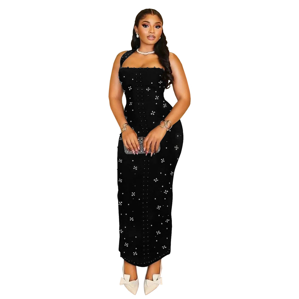 C7480 cross-border   fashion women's halter neck rhinestone beaded bodycon mini dress