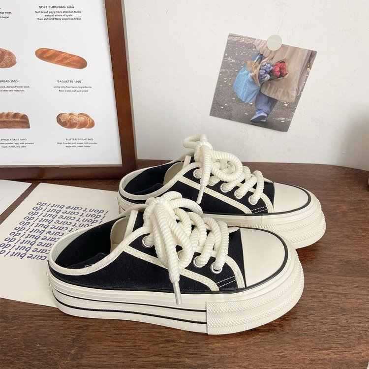 帆布鞋厚底两穿女夏季薄款百搭复古懒人一脚蹬潮流小白鞋子独立站