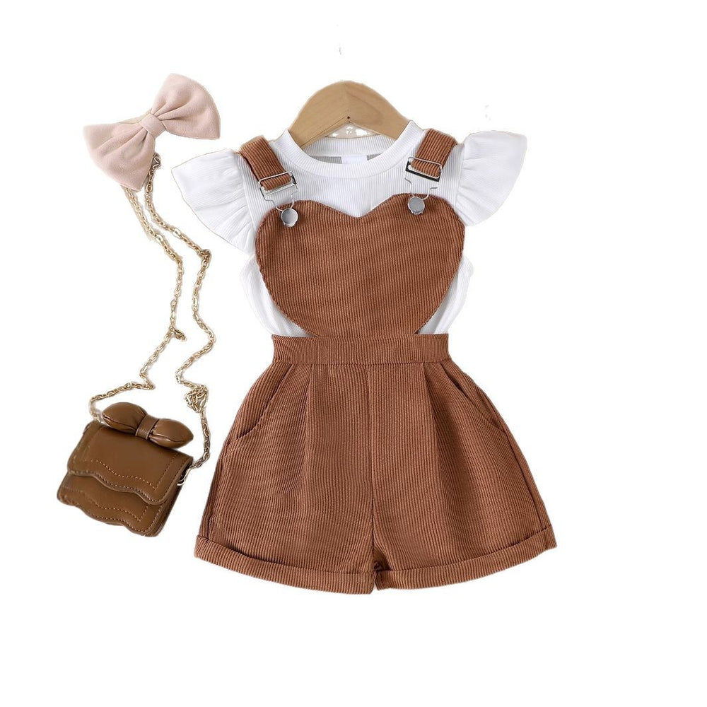 25 cross-border spring and summer fashionnew arrivalgirl round neck small flying sleeve tops heart design suspender shorts suitgirl