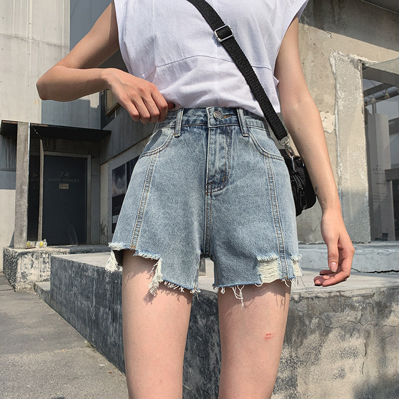 Bearded denim shorts for women new arrivalk-stylework clothingfashion ripped bearded washed high waistlooseloose pants