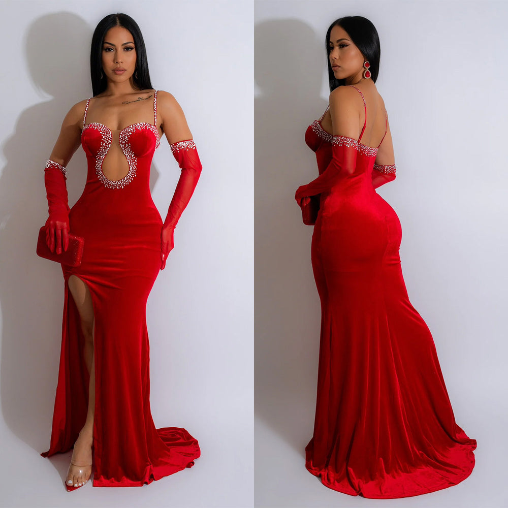 C6786 cross-border   fashion women's solid color sexy bandeau rhinestone embellished maxi dress