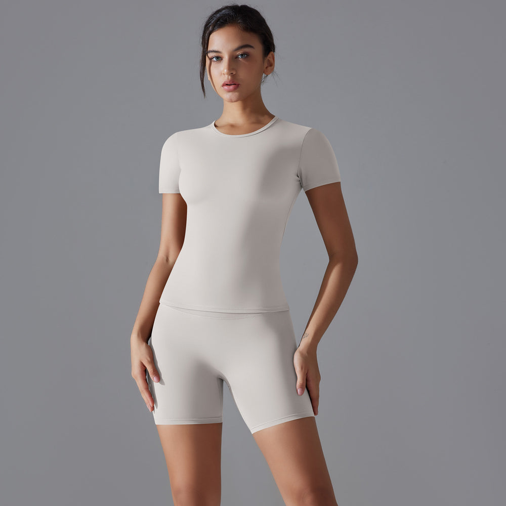 Fashion nude short sleeve t-shirt yoga suit high waist hip lifting tightshorts quick-drying running sports fitness suit