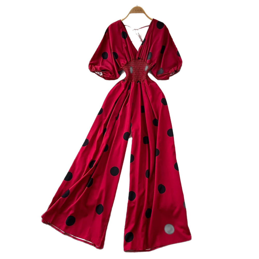 Fashion style polka dot puff sleeve jumpsuit women's summerv neck waist loose wide leg fried street elegant royal sister pants