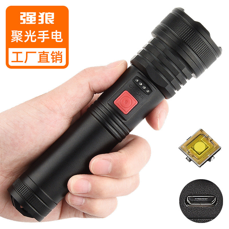 Cross-border new zoom P50 strong light flashlight built-in lithium battery USB charging power display telescopic zoom flashlight