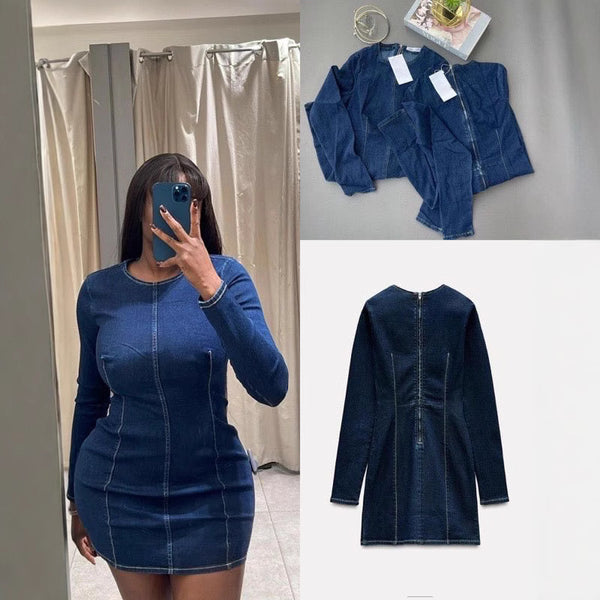 European and American new women's clothing solid color round neck long sleeve waist hip denim dress wholesale