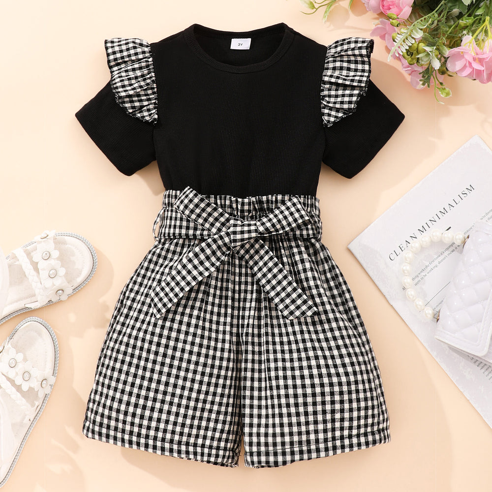 Children's round neck short-sleeved pure colortopsplaid shortssuit