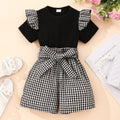Children's round neck short-sleeved pure colortopsplaid shortssuit