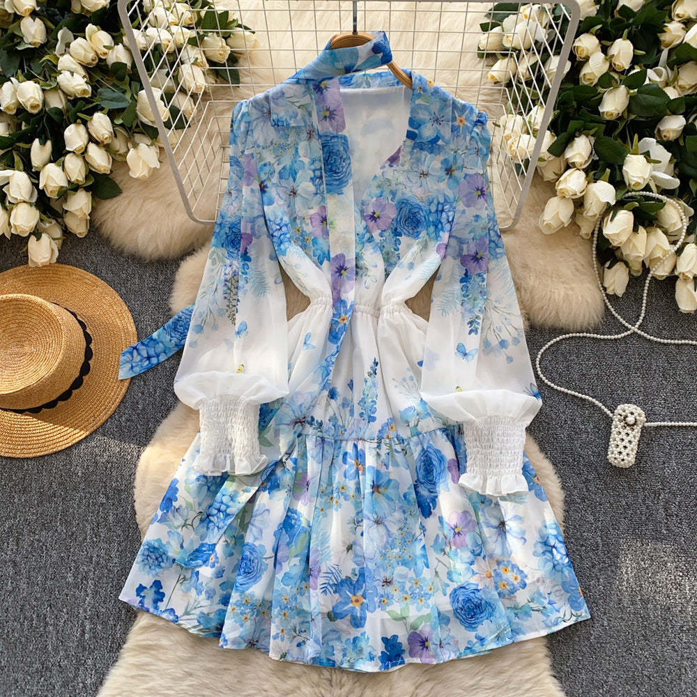 French chic elegant dress for women, spring , high-end deep v-neck, ribbon tie waist, printed ruffle hem mini dress