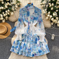 French chic elegant dress for women, spring , high-end deep v-neck, ribbon tie waist, printed ruffle hem mini dress
