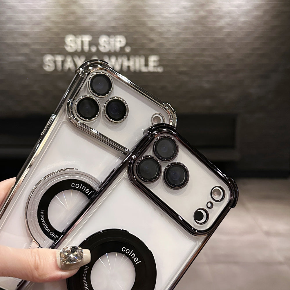 Creative fulcrum shield stand compatible with apple 17 pro phone case, electroplated four-corner anti-drop iphone 16 soft case