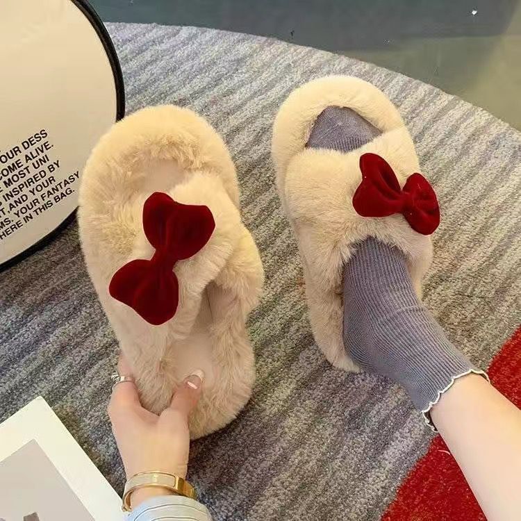 Thick sole cotton slippers for women autumn winteroutwear2024new arrivalpopularbowsbowsoutwearins furry slippers