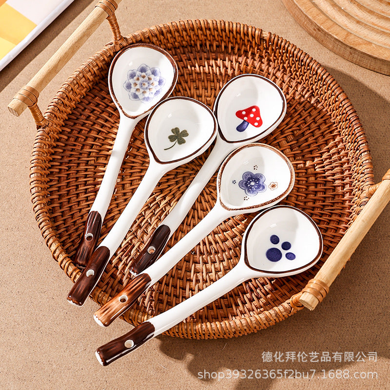 Japanese ceramic long-handled spoon - hand-painted cute creative cartoon dessert spoon - household ramen spoon - soup spoon