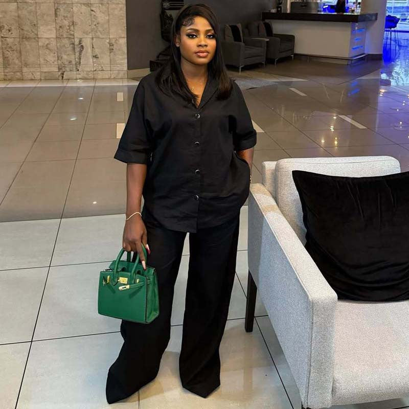 Cross-border African women's casual two-piece set, loose cardigan, versatile top, casual wide-leg trousers, cross-American suit, women