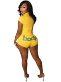 hot-selling european and american fashion women's letter-printed half-zip short-sleeve top and tight shorts two-piece set