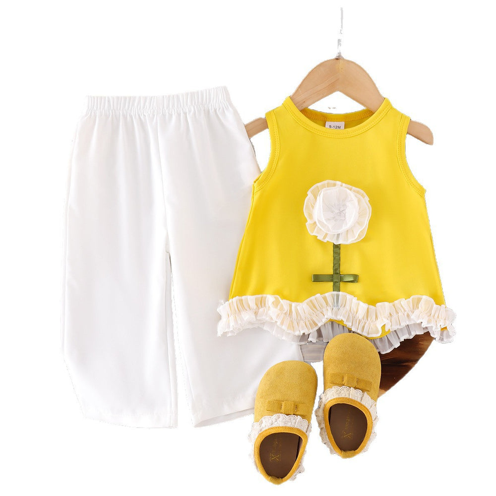Girls' 3d floral outfit: yellow mesh flower sleeveless tank top & white wide-leg pants - fresh summer style
