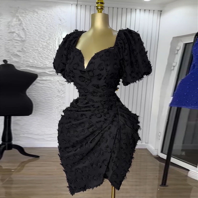 European and american cross-border women's fashion:  summer new arrivals - sexy v-neck, puff sleeve, high-waisted, slimming, ruched mini dress
