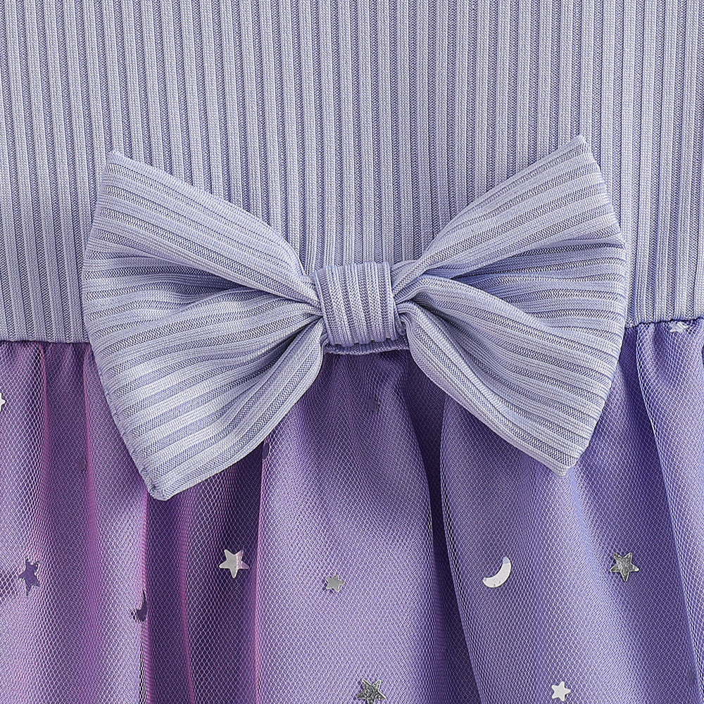 Exportgirl light purple pit strips flying sleeves gradient star mesh skirt summerkidsbows princess dress trendy