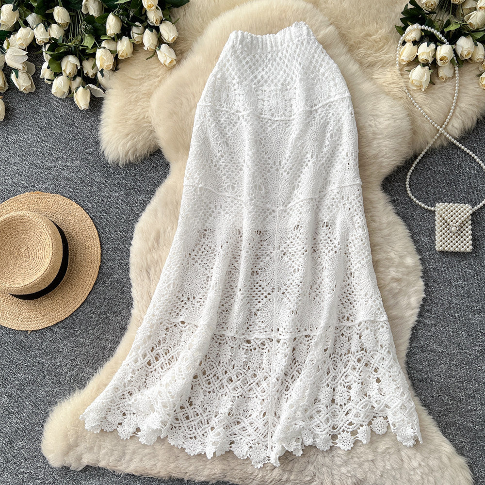 K-style heavy industry cut outknitting crochet skirt women's summerhigh waistslimming look a-line skirt tassel patchwork medium long