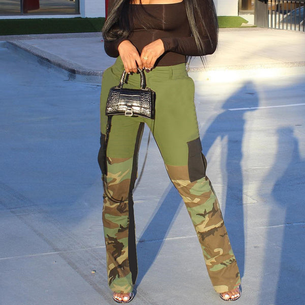 Freite 2023 autumn new product European and American women's clothing fashion splicing contrasting color camouflage pants women's casual pants women's 7237PG