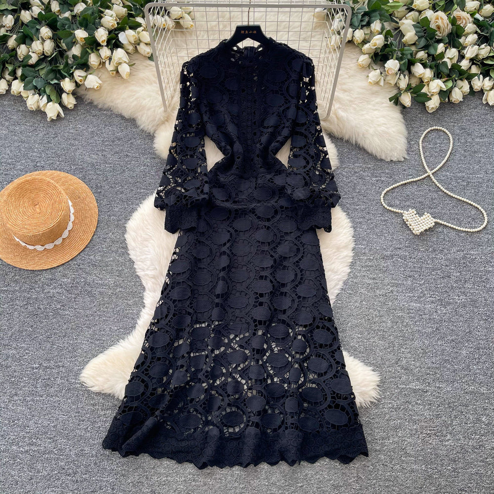 French riviera style heavy knit crochet dress - women's summer korean style white a-line dress - high-end slimming fit