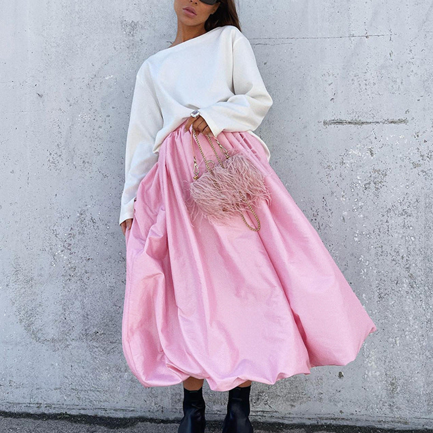 Spring simple fashion pink matte satin tutu skirt balloon skirt women's elegant loose French skirt wholesale