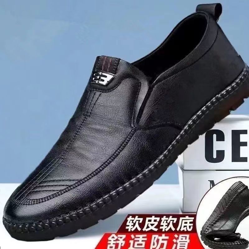Men's leather dress shoes - soft leather, business casual, mid-aged & elderly, soft sole, spring 2025 new collection, plus size, black, anti-slip, dad shoes