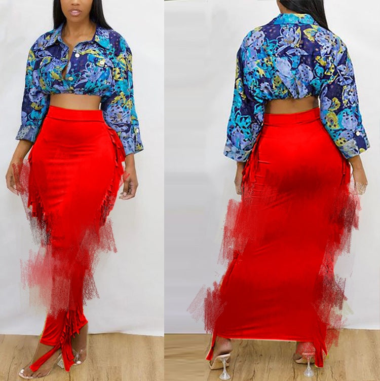 European and american export women's clothing:  casual sexy side-slit irregular tassel solid color butt-lifting midi skirt