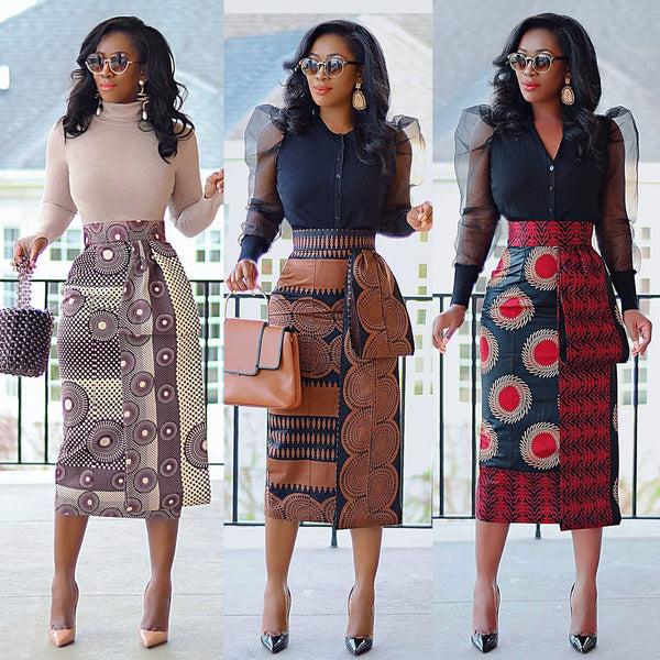 S10925 printed high waist hip wrap elastic slim-fit rear split hip wrap skirt