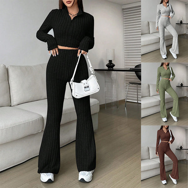Foreign trade European and American women's clothing solid color fashion casual two-piece set long-sleeved short zipper top high waist flared pants set