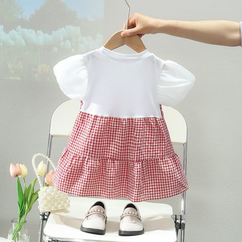 Girls' summer korean style cute floral round neck short sleeve dress  new girls' casual plaid skirt