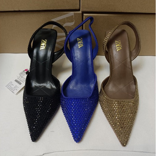 Za summer new 2024 high heel women's shoes - french pointed toe rhinestone embellished fashion back strap open heel stiletto pumps