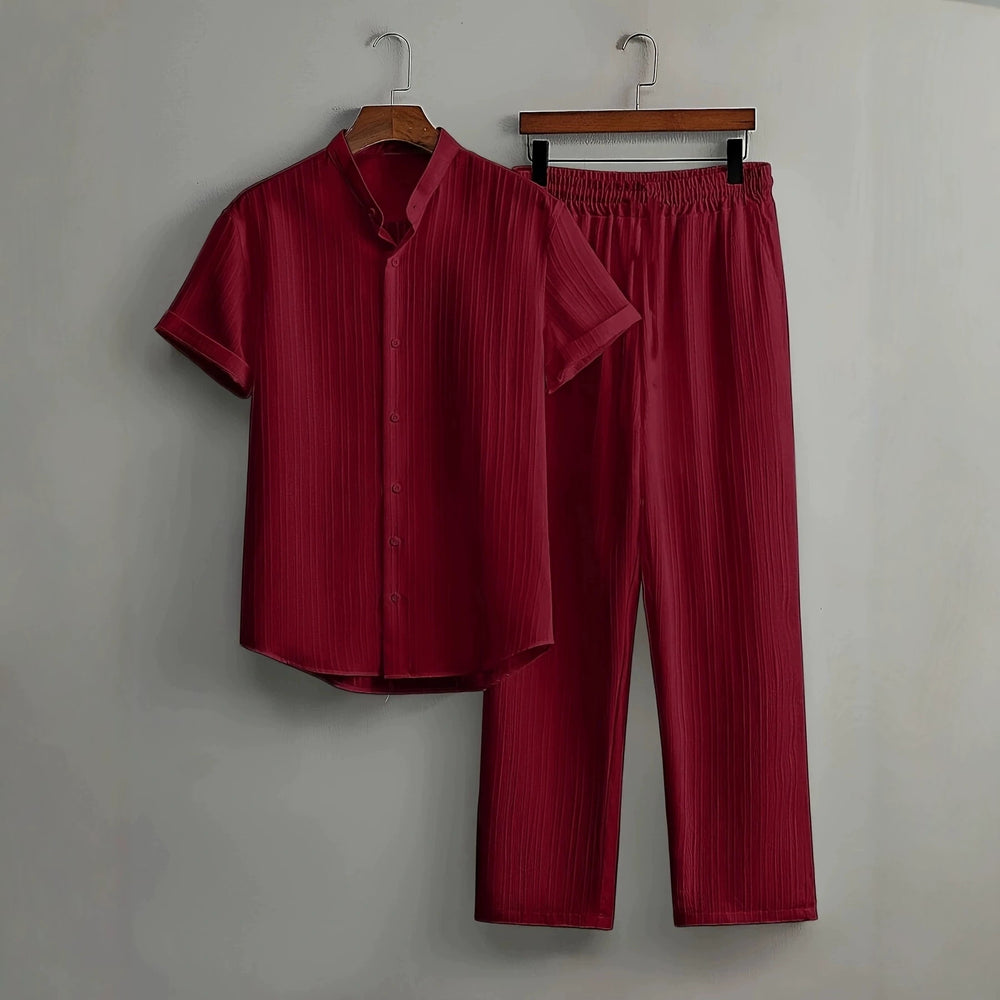 fashionmensuitcasualpure color short-sleeved shirt multi-color beach slub wrinkled short-sleeved pants two-piece set