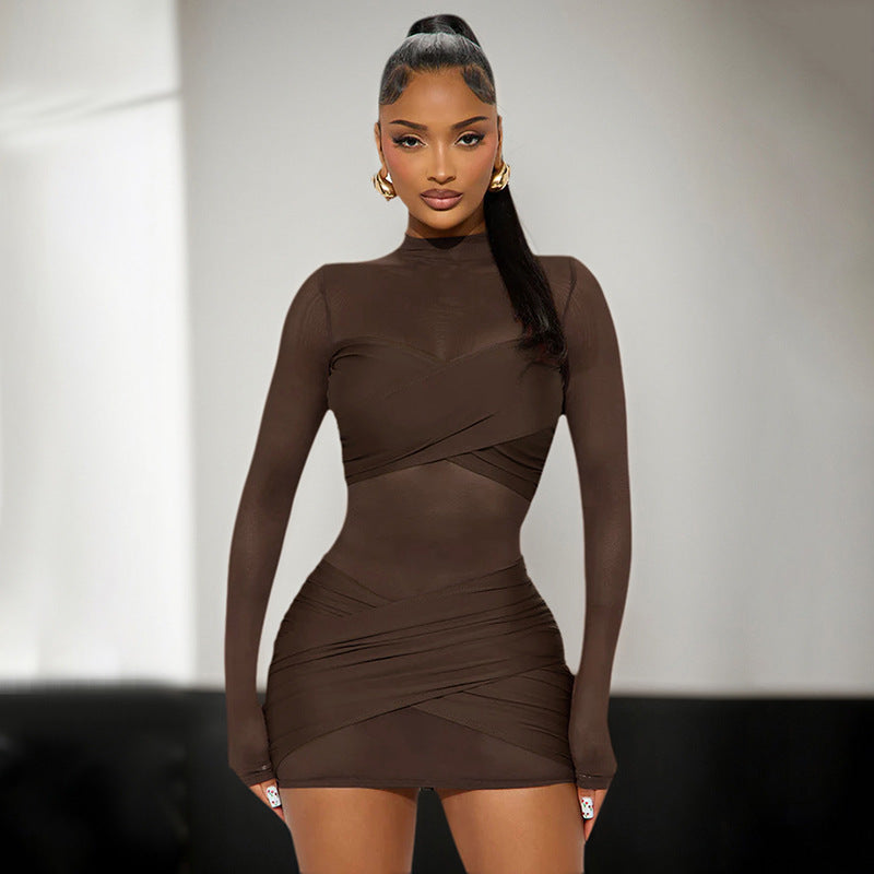 Exportfashion style women's clothing fall and winternew arrivalpure colorsexy round neck long sleeves mesh patchwork see-through shortdress