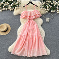 French gentle style one shoulder suspender rufflespatchworkdress women's waist elegant cut outembroiderlong skirt