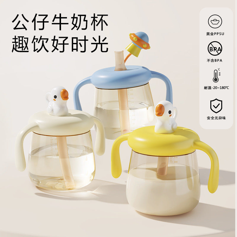 Kids' milk cup ppsu microwaveable baby drinking cup with straw - cartoon design