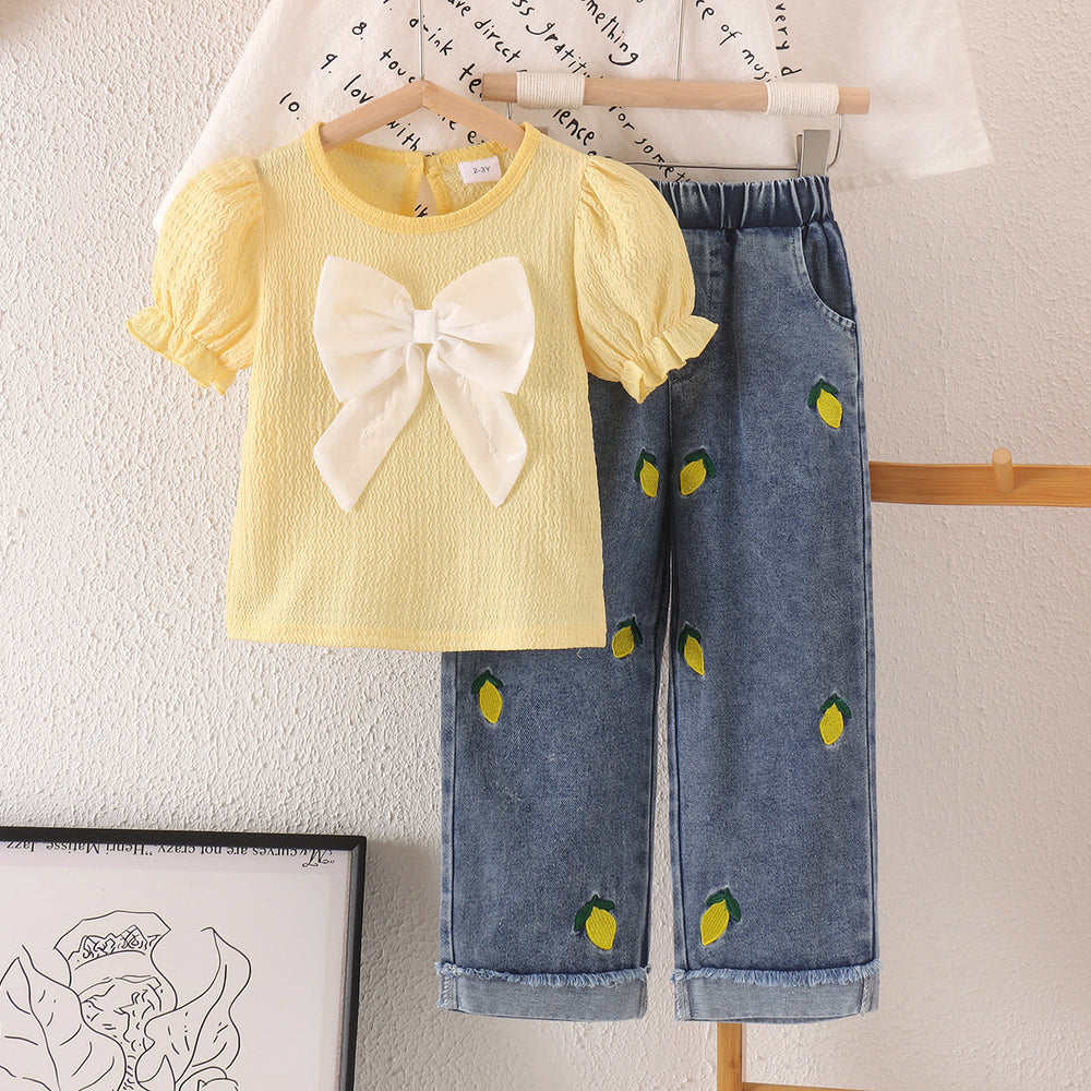 girl's suit yellow short-sleeved top + blue trousers
