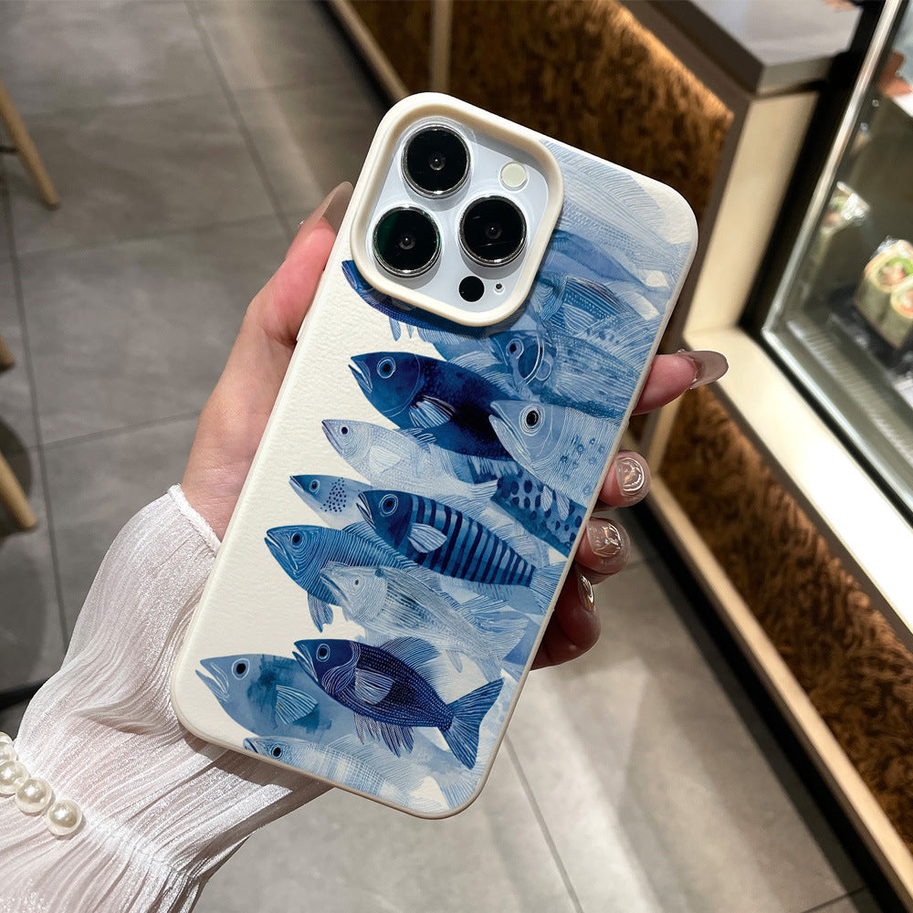 Azure blue fish school ocean style phone case for iphone 17 pro max, apple 16 full coverage drop-proof protective case, iphone 13 compatible