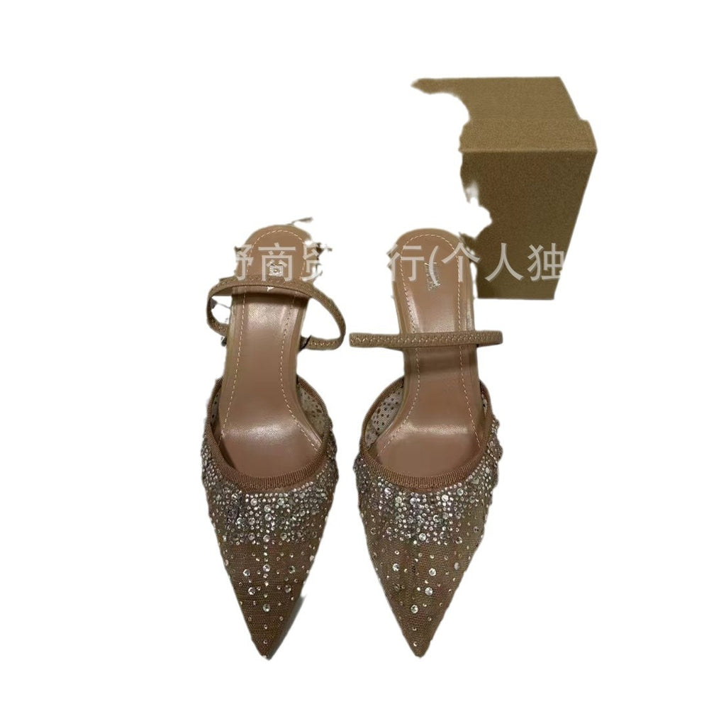 Summer new arrivals 2024: french pointed-toe high heels - mesh, rhinestone-embellished, low-cut, slingback, open-back stiletto sandals for women