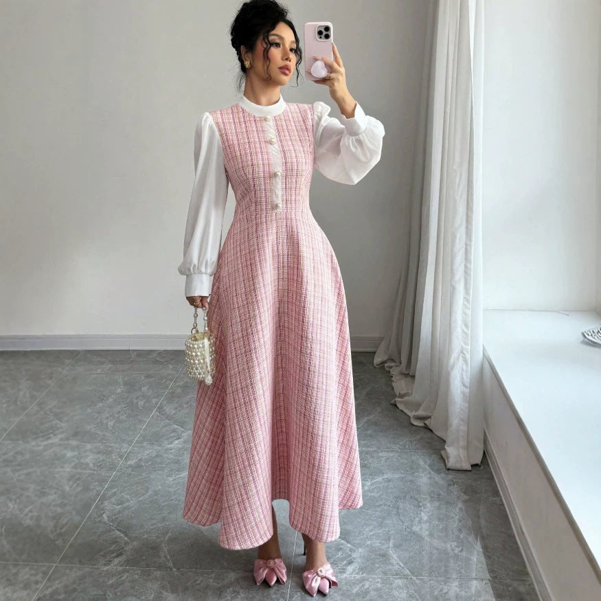 european and american new arrival: pink-toned vertical stripe chanel-inspired maxi dress with stand collar, chiffon bubble long sleeves, and pearl button detail