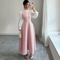 european and american new arrival: pink-toned vertical stripe chanel-inspired maxi dress with stand collar, chiffon bubble long sleeves, and pearl button detail