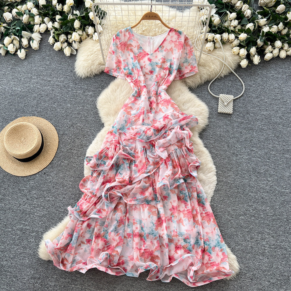 French chic v-neck floral dress - women's summer irregular short sleeve, slim fit a-line maxi dress - perfect for vacation
