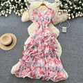 French chic v-neck floral dress - women's summer irregular short sleeve, slim fit a-line maxi dress - perfect for vacation