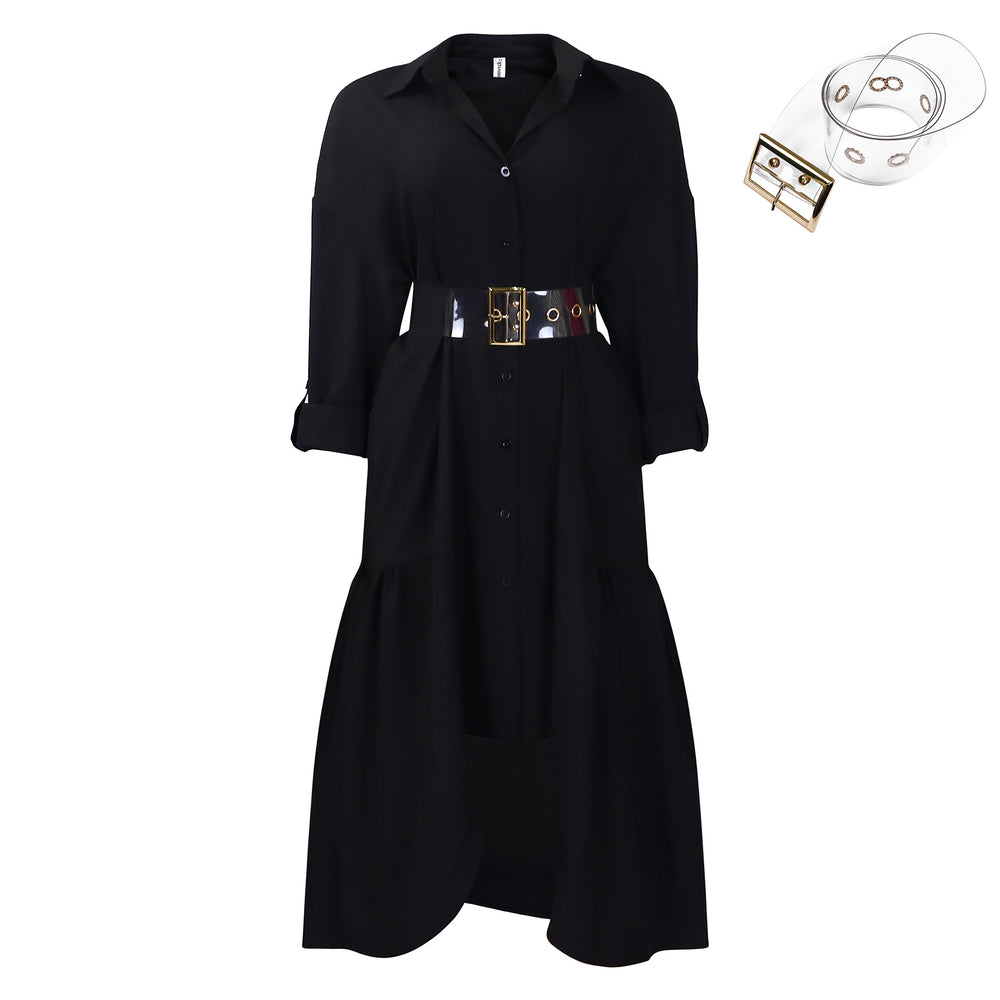 D3278export women's lapel pure colorfashionloosecasual button shirt skirt asymmetricalfashiondress