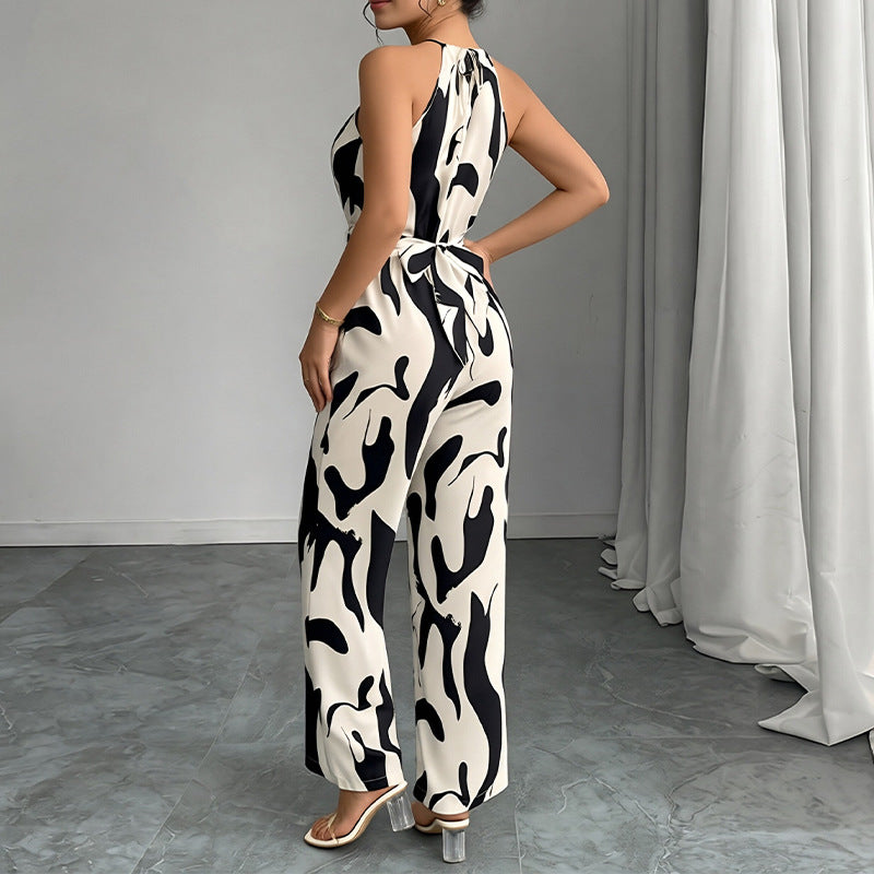 summer new women's clothing: cross-border european & american style, fashionable & elegant commute-friendly round neck printed sleeveless jumpsuit