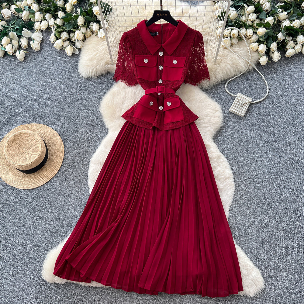 French chic red lapel lace patchwork dress - women's summer high-end commute elegance pleated skirt