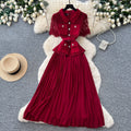 French chic red lapel lace patchwork dress - women's summer high-end commute elegance pleated skirt