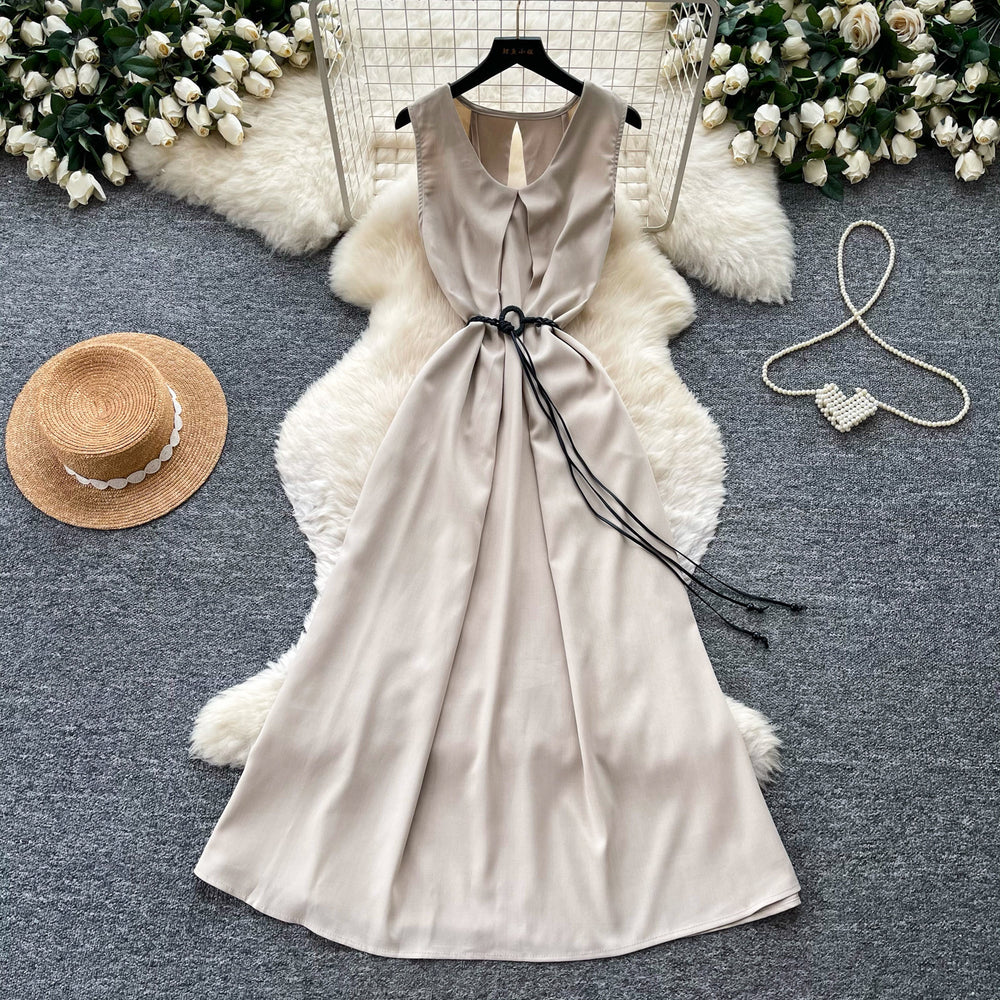 Qianjin wind sleeveless casualcasualdress women's summer high waist a-line skirt waist slimming lookwork clothingelegantclassy sense
