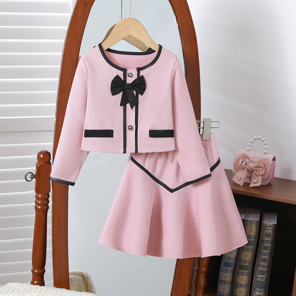autumn/winter girls' chanel-inspired outfit: pink and white bowknot round neck jacket & mini skirt two-piece set