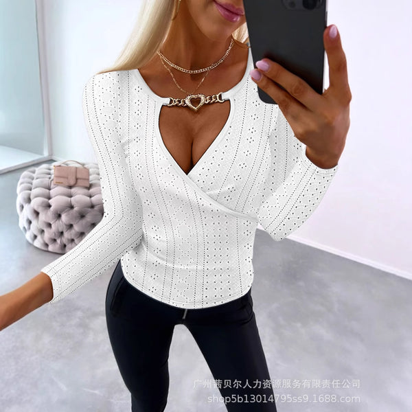 Women's  new product water ripple fabric long-sleeved love decorative top ODT99458G